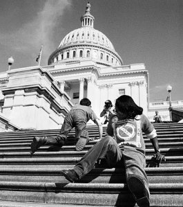 Iconic Picture of persons with disabilities climbing up the capitol steps